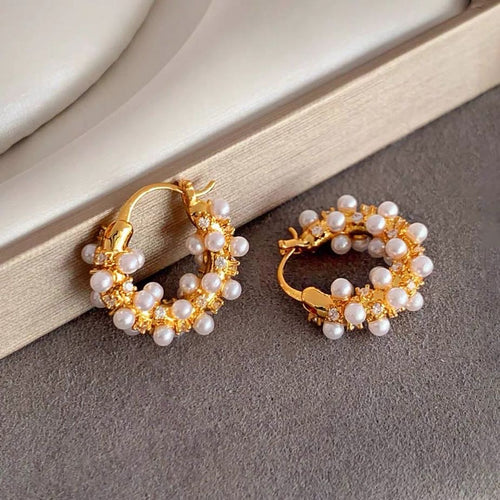 Gold and Silver Pearl Hoop Earring Vintage Style Floral Hoop Earrings with s925 Silver Pin