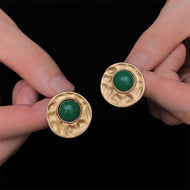 Green Jade Stud Earrings | Vintage Style Gold Hammer Finish Earrings with Sterling Silver Pins