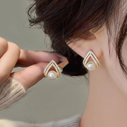Triangle Pearl Earrings | Diamond White Red Pearl Earring Studs with Sterling Silver Pins