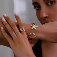 [August Deal] Seaside Jewelry Set Gold and Silver Starfish Shell Bangle Bracelet and Ring Size Adjustable
