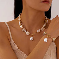 Irregular Large Natural Shell Necklace Chunky Style Baroque Pearl Necklace with Gold OT Clasp