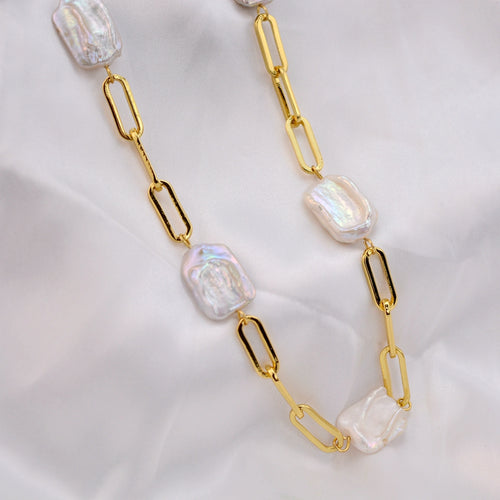 AAA Real Baroque Pearl Necklace 18K Gold Plated Link Chain 48cm Length