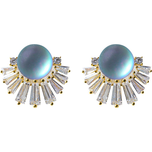 Blue-Green Moonstone Earring Clip with S925 Silver Pin Opal and Crystal Fan Shape Earring Studs