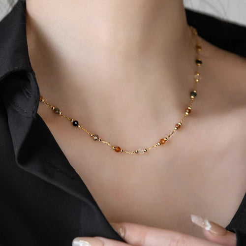 Natural Stone Gold Chain Chic Necklace Colorful Stone With 14K Gold Plated Clasp 16 inch