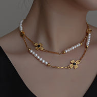Cadena de suéter larga con perlas reales y collar con diseño de cruz dorada, chapado en oro de 18 quilates