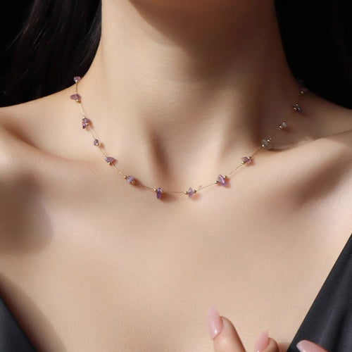 Natural Crystal Necklace Purple Crystal 14K Gold Chain Necklace Chocker