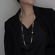 Long Sweater Chain Real Pearl with Gold Cross Designed Necklace 18K Gold Plated