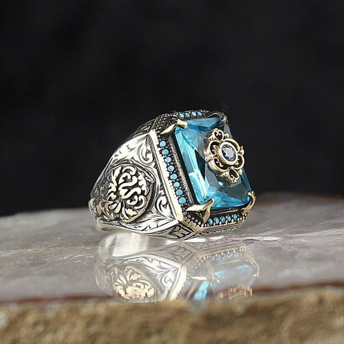 Shield Ring for Men Colored Stone Classic Ring Ancient Silver Style