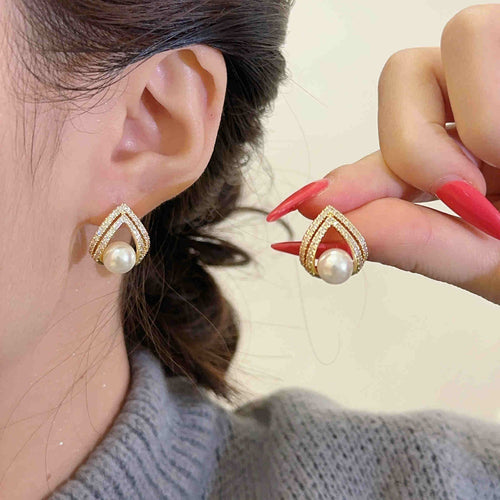 Triangle Pearl Earrings | Diamond White Red Pearl Earring Studs with Sterling Silver Pins
