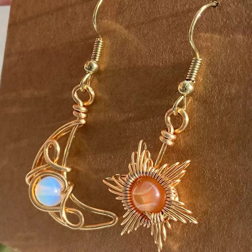 Asymmetrical Bohemian Earrings Moonstone Drop Earrings in Sun and Moon Design