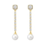 Long Pearl Drop Earrings Crystal Line Tassel Earrings with Pearl Drop and S925 Silver Pin