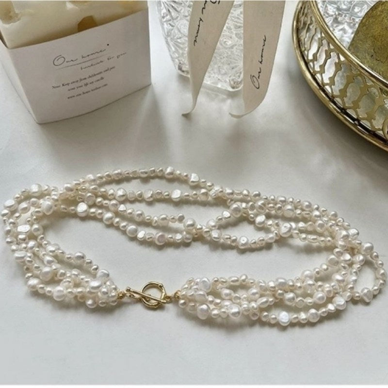 Natural White Freshwater Baroque Pearl Bracelet – 4 Strand, 8", Yellow Gold Plated, Magnetic Clasp
