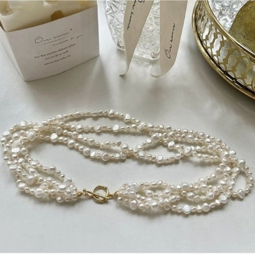4 Strands Freshwater Baroque Pearl Necklace Multi Strands Real Pearl Choker Necklace