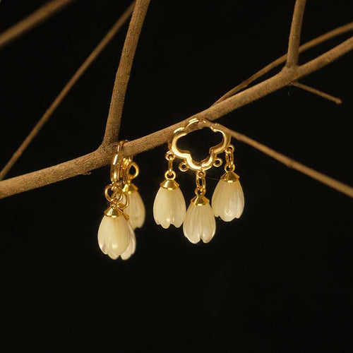 Lily of the Valley Earrings Jade Drop Earrings 14K Gold Plated with S925 Silver Pin