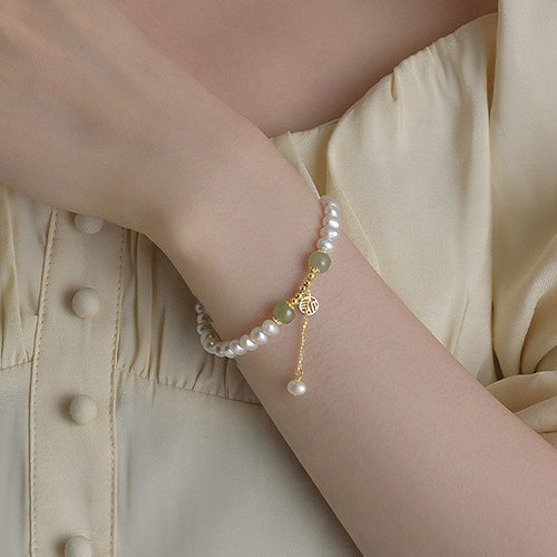 6-7mm Cultured Small Baroque Pearl Jade Bracelet in 14k Gold Over Sterling 925 Silver