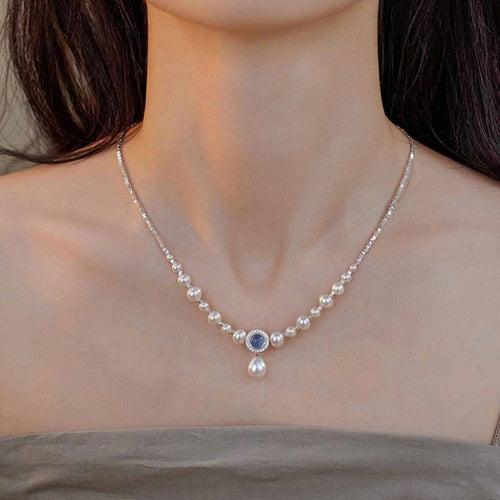 White Pearl Necklace Aquamarine and Pearl Pendant Necklace Sparkling Silver Chain 45cm