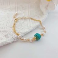 Freshwater Pearl Bracelet Turquoise Stone with 18K Gold Plated Bracelet Size Adjustable
