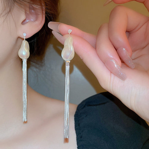 Pearl Long Tassel Drop Earrings Baroque Dangling Fringe Earrings with S925 Silver Pin