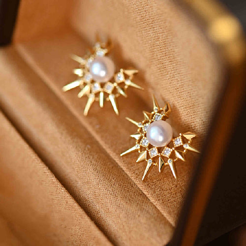 6MM Freshwater Pearl Stud Earrings 18K Gold Plated Solar Halo Crystal Earrings with S925 Silver Pin
