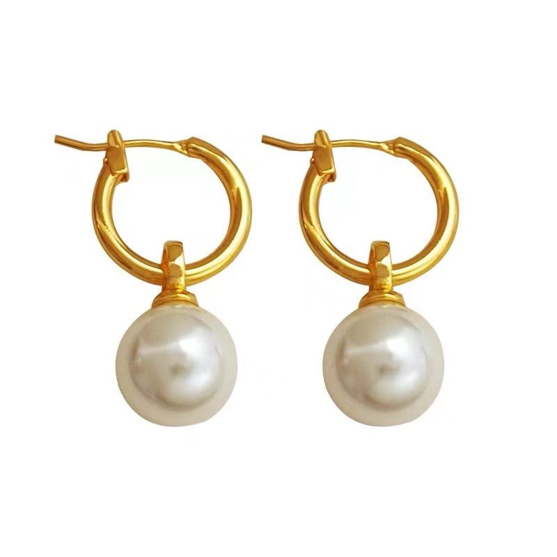 10mm Big Pearl and Gold Hoop Earrings Elegant Pearl Drop Earrings S925 Silver Pin