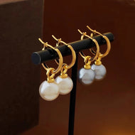 10mm Big Pearl and Gold Hoop Earrings Elegant Pearl Drop Earrings S925 Silver Pin