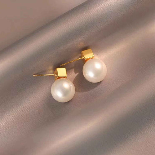 12MM Pearl Drop Earrings Geometric Square Stud Pearl Earrings with S925 Silver Pins