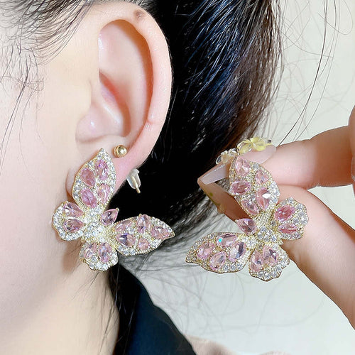 Large Crystal Butterfly Earring Studs Colorful Diamond Butterfly Earrings with S925 Silver Pin