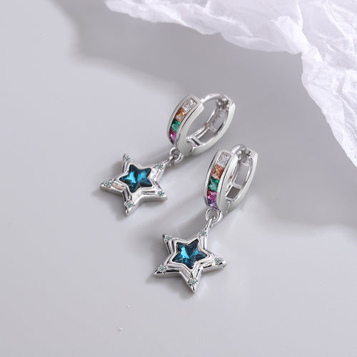 Blue Star Drop Earrings Colorful Diamond Hoop with Star Dangle Earrings S925 Silver Pin
