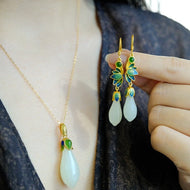 Jade Magnolia Flower Drop Earrings Vintage Style Dangle Earrings | Gold Magnolia Flower Earrings and Necklace S925 Silver