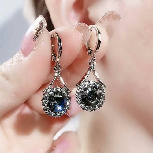 Large Diamond Dangle Earrings Black Crystal Drop Earrings with S925 Silver Pin