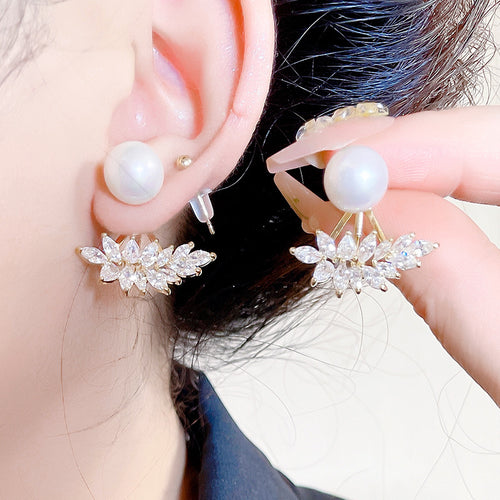 White Pearl Crystal Feather Drop Earring Jackets with S925 Sterling Silver Pin