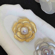 Camellia Brooch Pin Gold and Silver Matte Flower Freshwater Pearl Brooch Vintage Style