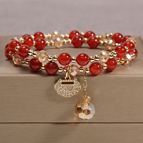 Multistrands Crystal Bracelet | Stacked Color Crystal Bracelet | Simple Longevity Lock Charm Strawberry Crystal Garnet Beaded Bracelet