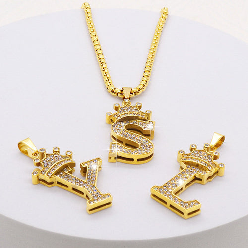 Alphabet Pendant Necklaces With Free Gold Chain Crystal Zircon Crown Initial Letter Necklace