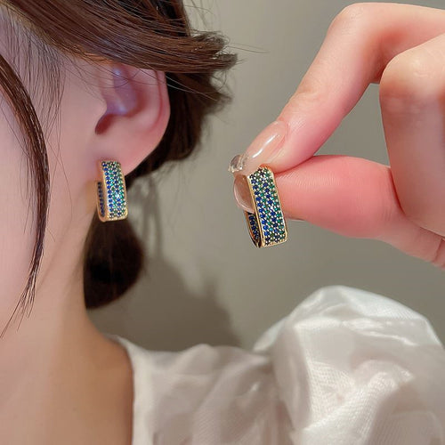 Blue Crystal Hoop Earrings 18K Gold Plated Earrings with S925 Silver Pin