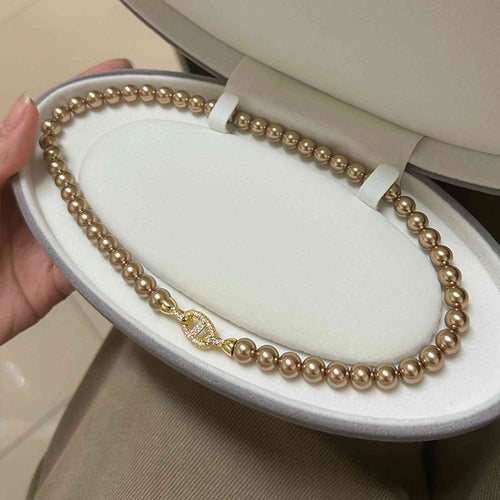 10mm High Luster Shell Pearl Necklace White Gray Mocha Necklace with Luxury “Pig Nose” Clasp