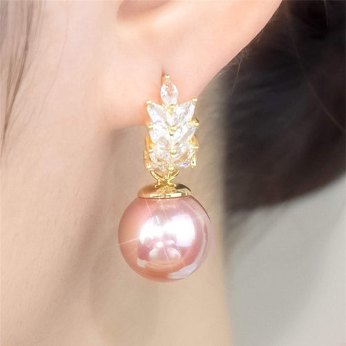10mm Pink Pearl Drop Earrings 14K Gold Plated Earrings with Zircon Crystal Hoop S925 Silver Pins