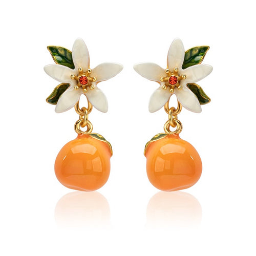 Orange Blossom Flower Enamel Stud  Earrings Orange Dangle Earrings with S925 Silver Pins