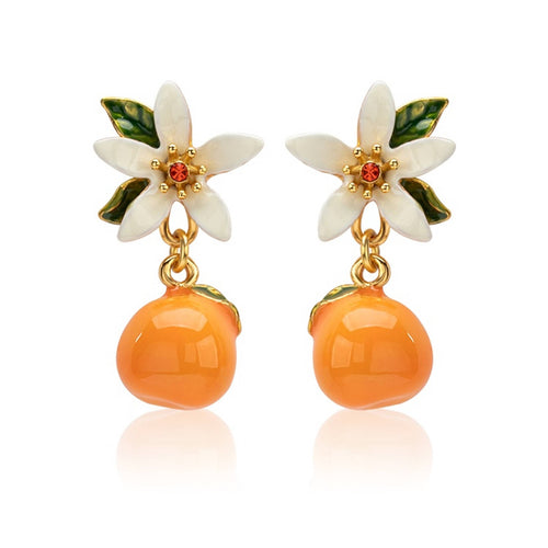 Orange Blossom Flower Enamel Earrings Orange Dangle Earrings with S925 Silver Pins