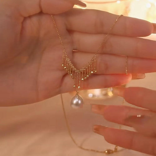 Super Beautiful White Pearl Pendant Gold Tassel Pearl Pendant Necklace