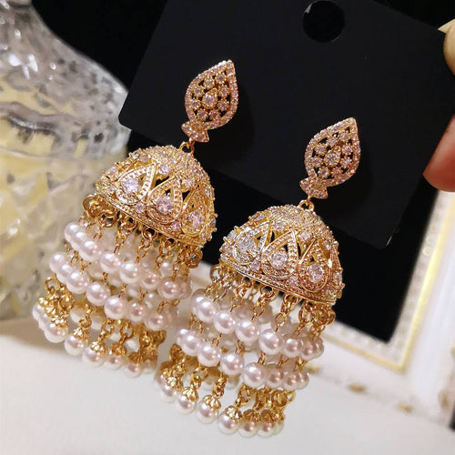 Vintage Style Pearl Dangle Earrings Zircon Gold and Silver Tassel Earrings with S925 Silver Pin