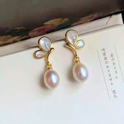 Butterfly Pearl Drop Earrings | Freshwater Pearl Earrings for Girl | Real Pearl Earrings in Sterling Silver with 14K Gold Plated (8mm)