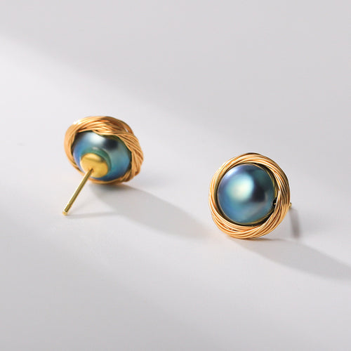 Black Freshwater Cultured Pearl Stud Earrings in 14K Gold Over Sterling Silver
