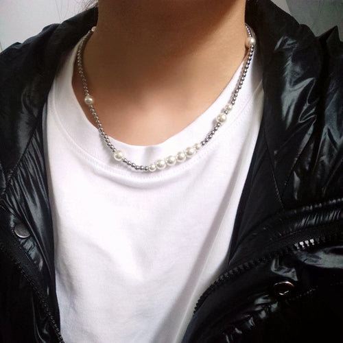 Mens Steel and Pearl Necklace | Mens Pearl Necklace | Pearl Necklace Gift for Men