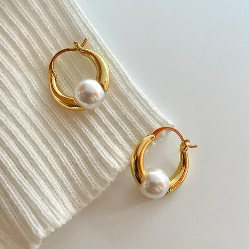 Chunky Gold Hoop Earrings | Huggie Earrings | Pearl Chunky Hoop Earrings
