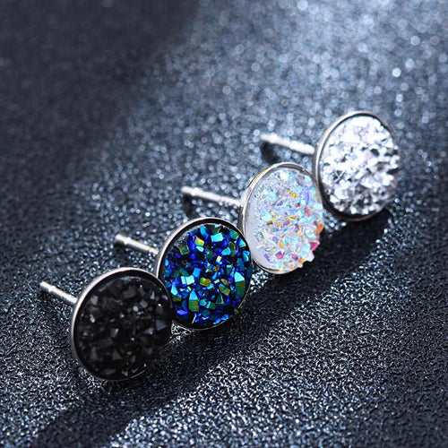 Glitter Crystal Stud Earrings | Drusy Stud Earrings | Sterling Silver Stud Earrings for Men and Women (8mm)