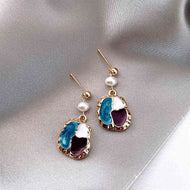 Vintage pearl earrings | Gold Irregular Oil painting Pendent | Blue Plum Purple Multi Color Blocking Earring with S925 Silver Pin