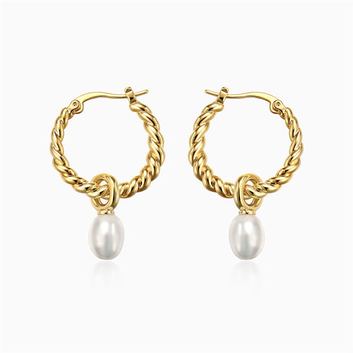 Gold Twist Hoop Earrings | Real Pearl Earrings| Twist Hoop Earrings with Pearl Drop (6-7mm)
