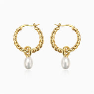 Gold Twist Hoop Earrings | Real Pearl Earrings| Twist Hoop Earrings with Pearl Drop (6-7mm)