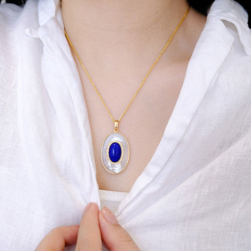 Lapis Lazuli Pendant | Mother of Pearl Necklace Gold Plated Chain | The Vintage Style Chain within S925 Silver